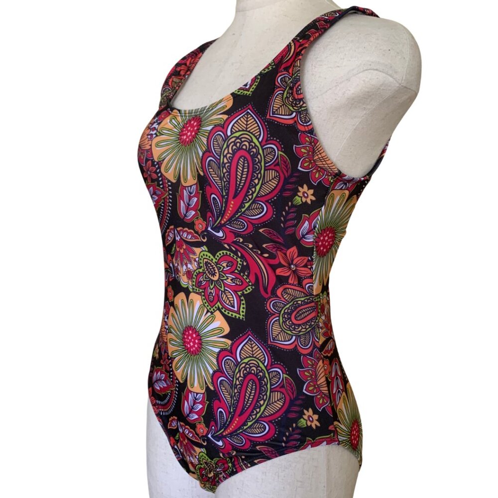 Psychedelic Floral Paisley One-Piece Swimsuit – Retro Boho Print Size M - Picture 2 of 9